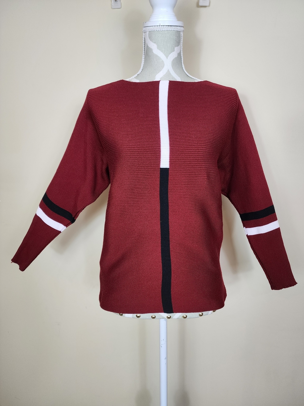 Red Fine Ribbed Knit Boat Neck Top Dolman Sleeve Colorblock Stripe Pullover